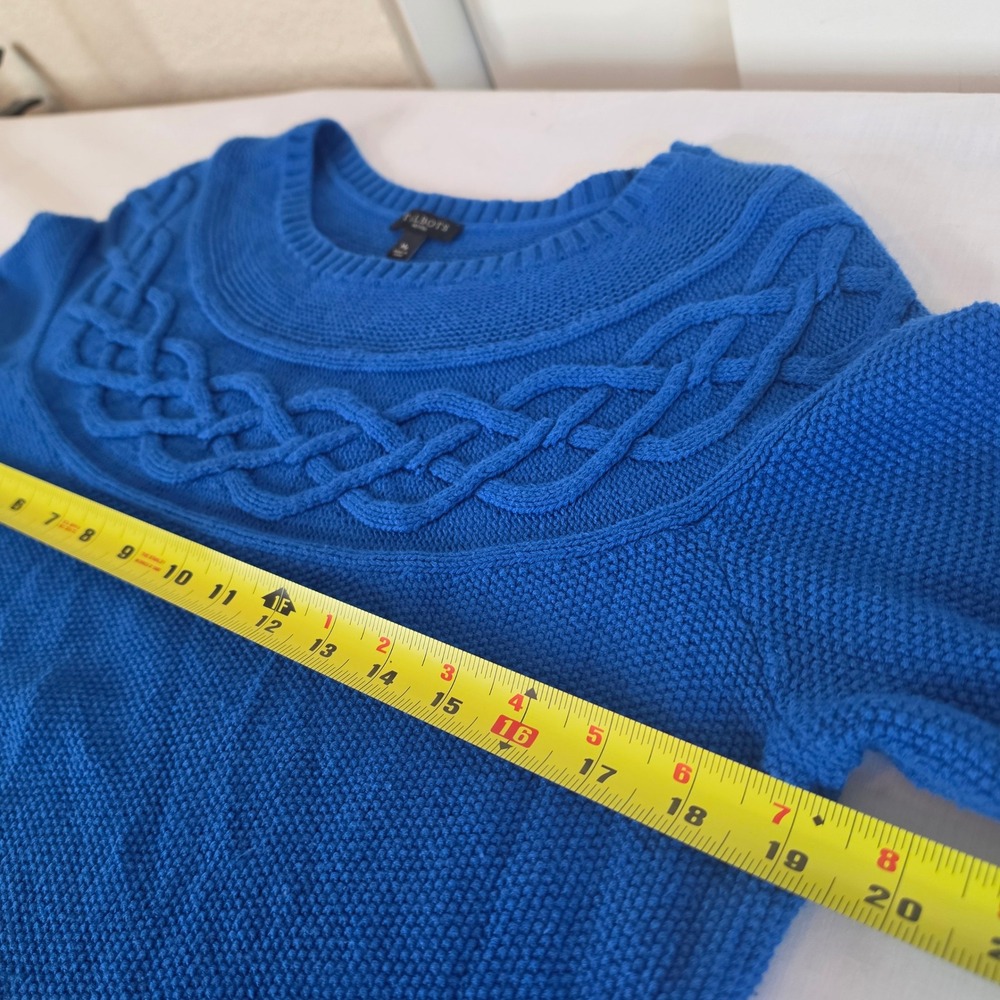Talbots Petite Cashmere Blend Royal Blue Cable Knit Yoke Crew Neck Sweater MP - Picture 5 of 7